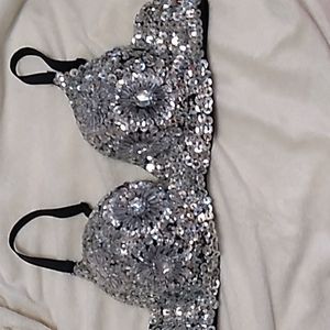 Sequin silver/black beaded bra for dance costume party sz 36/80 Meishulanna